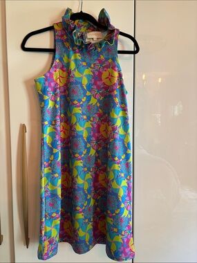 Sleeveless Floral Ruffle-Neck Mini Dress in Blue and Pink